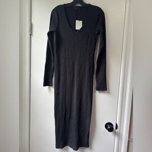 Hatch Silvia Ribbed Knit Long Sleeve Bodycon V-Neck Midi  Dress